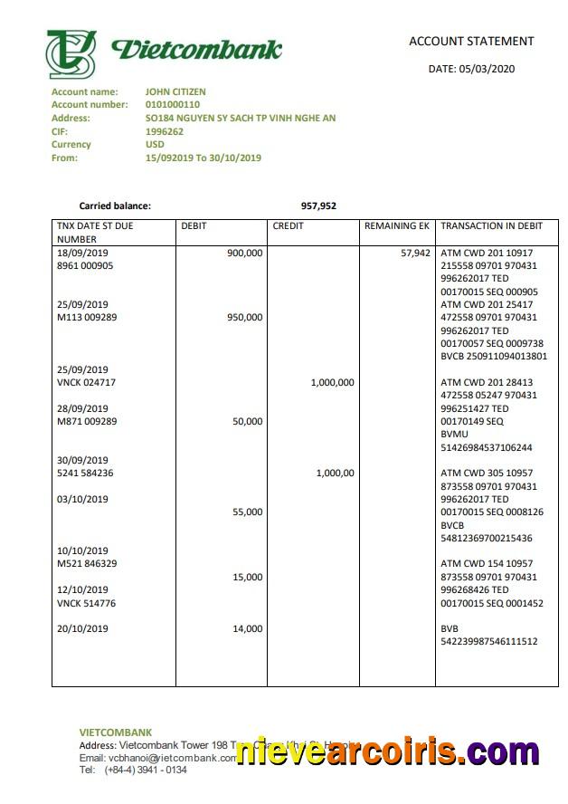 Vietnam Vietcombank statement